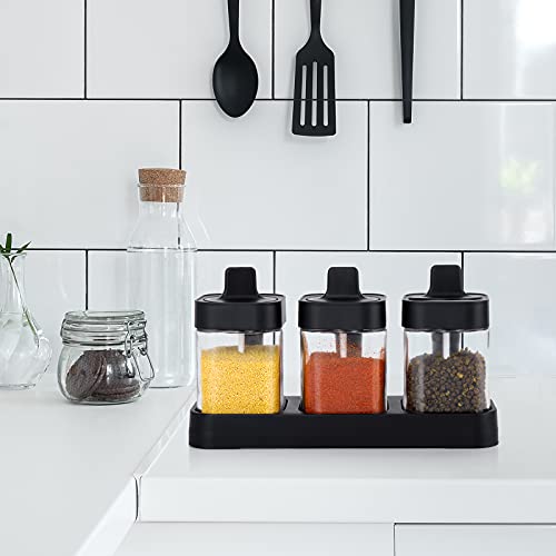 Kivsty 3 Pack Sugar Bowls Set With Spoons And Lids - High Capacity 13Oz Spices And Seasonings Containers - Glass Spice Jar Seasoning Box For Home Kitchen Coffee Bar(Black Square Base) #TOP1