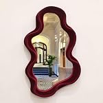 Wall Mounted Mirror Irregular Wall Mirror with Velvet Wavy Edge,Unique Housewarming Gift,Small Mirror for Bedroom/Bathroom/Children's Room/Entryway/Living Room/Wedding (Wine-red, 25.5x40.5cm)
