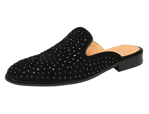 Elanroman Mens Slip On Mules Fashion Drilling Rhinestones Low Heel Flats Suede Leather Loafers Shoes Black Us 11 #TOP21