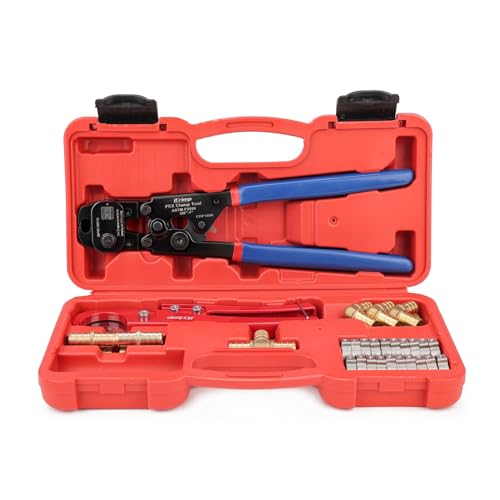 iCrimp PEX Clamp Tool PEX Fitting Kit for Cinch and Removal 3/8-in, 1/2-in, 3/4-in, 1-in PEX Clamps, c/w 1/2''(20 Pack) PEX Clamp Rings, Brass PEX Crimp Fittings(12 Pack), PEX Tubing Cutter