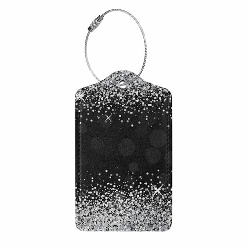 Numland Luggage Tag Black Shiny Silver Glitter,Stainless Steel Ring Leather Luggage Tag for Travel Bag Suitcase