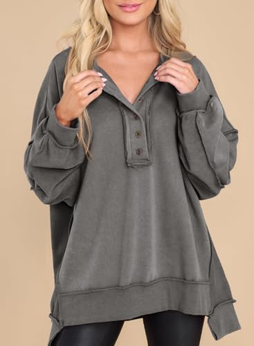 Alvaq Womens Oversized Sweatshirt Button V Neck Outfit Casual Loose Hoodies Fashion Fall Winter 2024 Clothes Pullover Tunic Henley Tops Medium Grey X-Large thumb #1