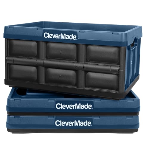 CleverMade Collapsible Storage Bins - Ocean 3 Pack 32L / 8 Gal holds 66 lbs - Stackable Containers Heavy Duty Capacity Folding Crates Space-Saving
