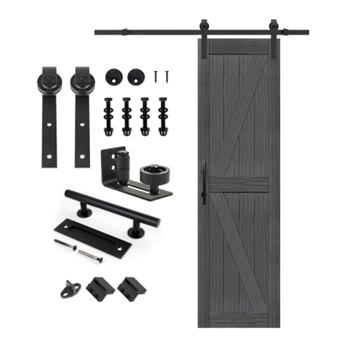 Image of S&Z TOPHAND 24in x 84in MDF Deep Gray British Brace Knotty Barn Door with 4FT Sliding Door Hardware Kit /Simple Assembly is Required