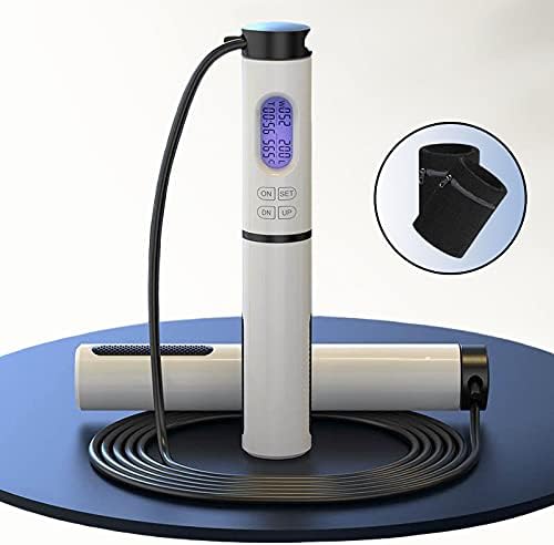 Macwick Professional Digital Calorie Counting Skipping Rope, Adjustable Cable 3m with Non-Slip Rubber Handles, Home Workout Gym Crossfit Boxing Fitness Men Women Jump (Black and White)