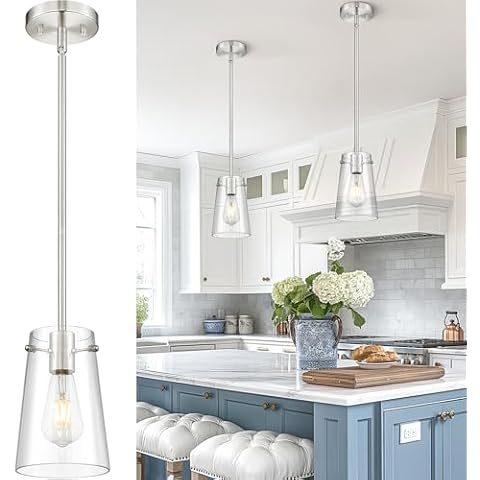 Beionxii Pendant Lights Kitchen Island, Brushed Nickel Hanging Lights Fixtures with Clear Glass, Kitchen Pendant Lighting Over Island, Hanging Lights for Sink Dining Room, Entryway, BX-PL03BN-CG Cover