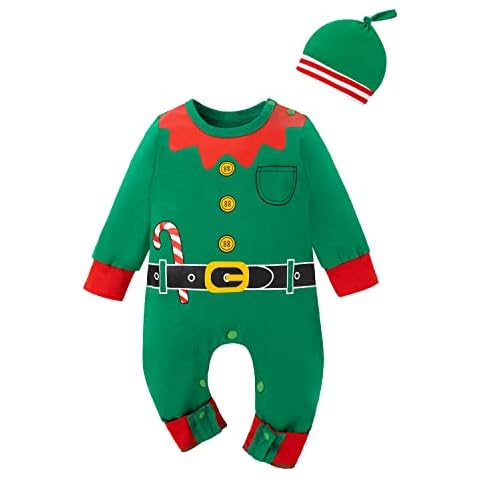 Yruiz Baby Boys Girls Christmas Romper Infant Outfit Elf Costume Newborn Clothes Set With Hat (Green,0-3 Months) Cover