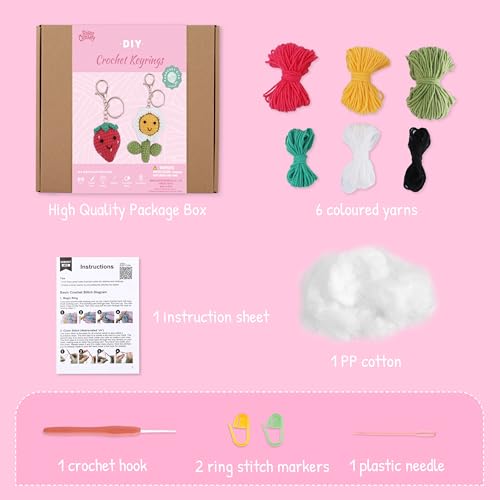 Image of HOUSE CREATIVITY Crochet Keychain Kit for Beginners, Make 2 Strawberry & Sunflower Charms, Crochet Kits with Video Tutorial, Complete Set with Yarn, Hook & Keyring, Cozy Stress Relief Gift for Adults