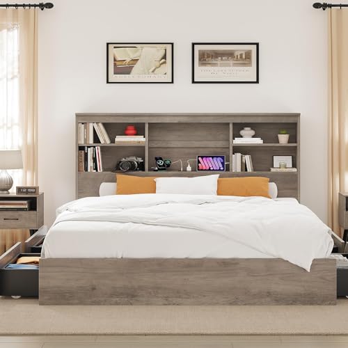 Garvee Queen Size Bed Frame with High Bookcase Headboard, Wooden Queen Platform Bed with 4 Storage Drawers & Charging Station, Farmhouse Bedframe No Box Spring Needed, Noise-Free - Rustic Grey by Garvee - Used condition - CA$254.49