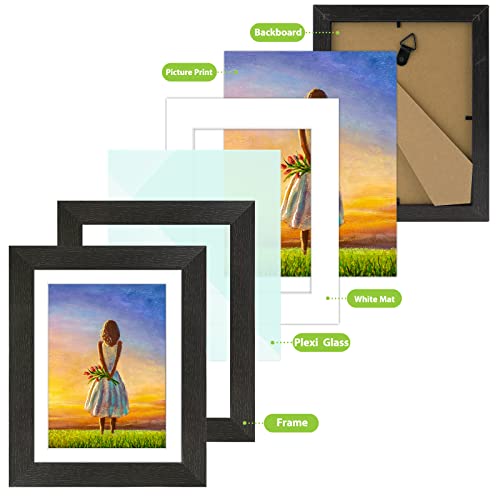 Golden State Art, 6X8 Picture Frame Set Of 4 Farmhouse Wood Pattern Photo Frames, Display 5X7 Photo With Mat Or 6X8 Without Mat For Wall Or Tabletop, Black #TOP6