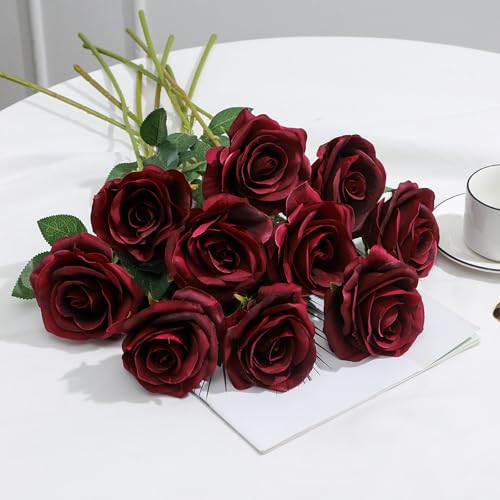 LEUCHTAMOR 10Pcs Artificial Roses Fake Silk Flowers Burgundy
