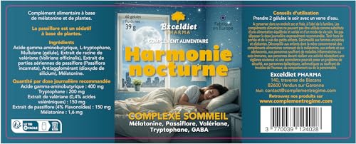 Exceldiet Pharma | Sommeil & Relaxation - Harmonie Nocturne - Mélatonine & Valériane - 60 Gélules Sans Accoutumance - Cure 30 à 60 Jours - GABA, Tryptophane & Passiflore – vue 5