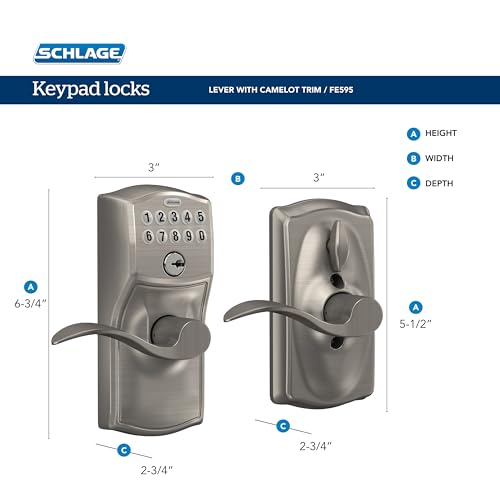 SCHLAGE Satin Nickel FE595VCAM619ACC Camelot Keypad Entry with Flex-Lock and Accent Levers thumbnail 3