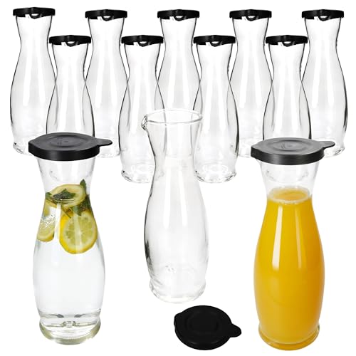 MamboCat Mia Misura Lot de 12 carafes à vin avec couvercle en plastique noir I 1 litre calibré I Carafe en verre avec bec verseur pour vin, eau, jus, lait,...