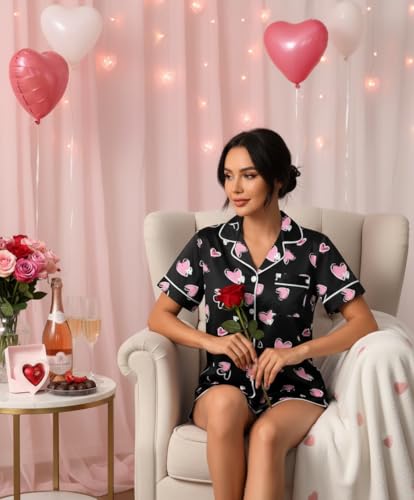 Image of Ekouaer Womens Silk Satin Pajama Set Print Short Sleeve Sleepwear Button Down Pjs Shorts Set Loungewear