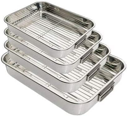 New Pack of 4 Stainless Steel Roasting Oven PAN Dish Baking Roaster TIN Grill Rack + Tray | 4 Different Sizes | Removeable Grill Racks | Oven Tray PAN
