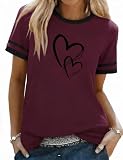 Aottori Camisetas Manga Corta Mujer Verano Algodon Cuello Redondo Top Basicas con Corazón Impresión Camiseta Elástico Deportivos Vino Tinto XL