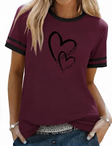 Aottori Camiseta Mujer Verano Algodon Cuello Redondo Manga Corta T-Shirt Suelto con Estampado Top Casual Basicas Camisetas Vino Tinto S