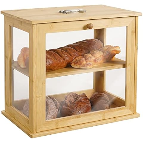 Snughome Bamboo Bread Box with Cutting Board for Kitchen Countertop, Double Layer Bread Storage Container with Clear Windows - Rustic Farmhouse Style Bread Bin - Kitchen Bread Box(Self-Assembly) Cover