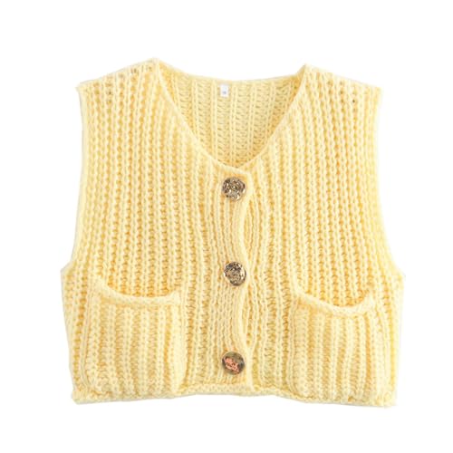 Image of Women's Sleeveless Chunky Knit Cardigan V-Neck Button Down Vest Casual Loose-Fitted Crochet Sweater with Pockets 2024