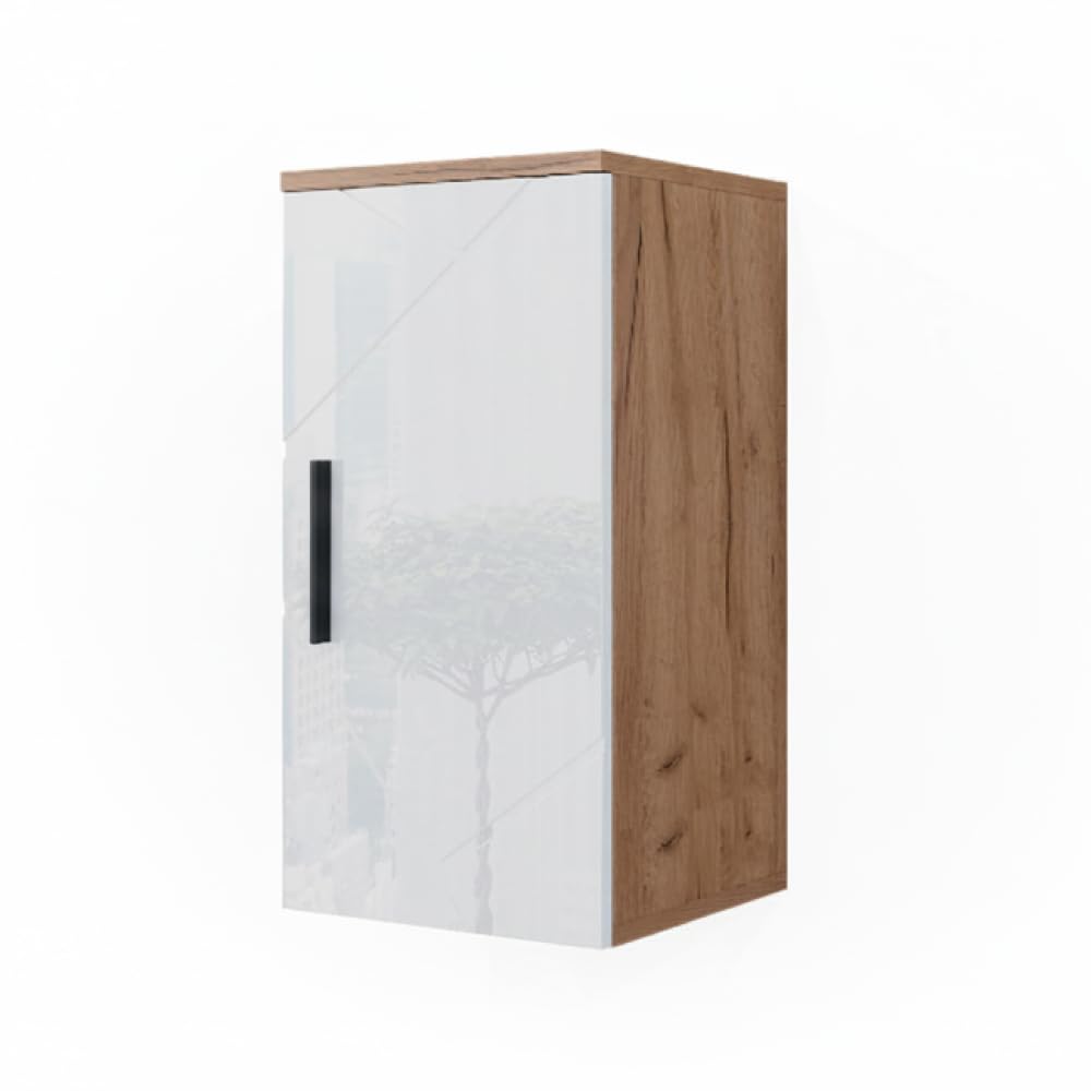 Vicco Badschrank Irma, Weiß Hochglanz/Goldkraft Eiche, 30 x 59 cm mit Regal, zur Wandmontage geeignet und mit weiteren Irma Möbeln kombinierbar