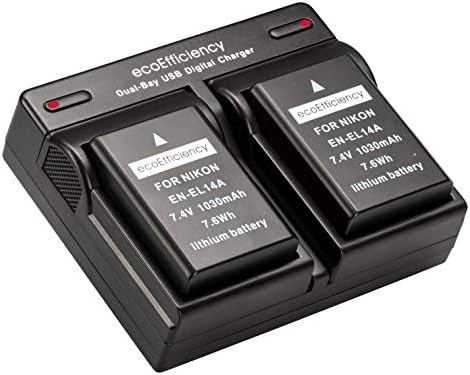 ecoEfficiency 2 EN-EL14, EN-EL14A Batteries + Dual Battery Charger for Nikon D3500, D3100, D3200, D3300, D3400, D5100, D5200, D5300, D5500, D5600, DF, Coolpix P7000, P7100, P7700, P7800 DSLR Cameras