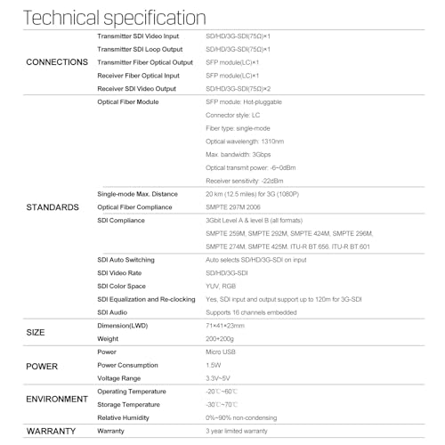 Image of AVMATRIX FE1121 3G /HD SDI Fiber Optical Extender with SFP Module (LC Port), Supports 3Gbit Level A & Level B (All formats), Single-Mode Fiber Uncompressed No Losses No Latency 20Km