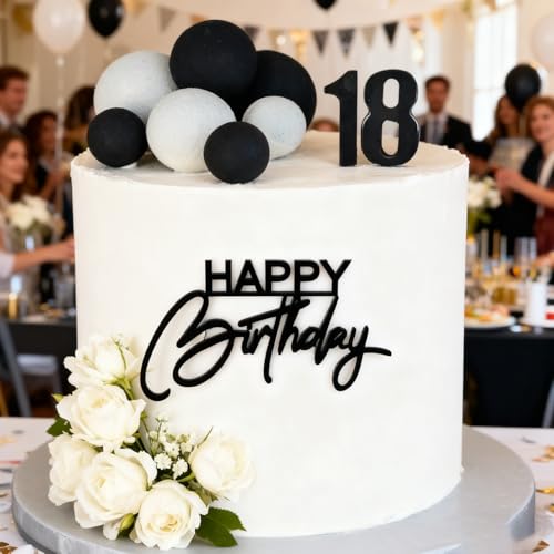 Happy Birthday Cake Topper, Black Acrylic Happy Birthday Cake Sign Decorations Cake Charm for Boy or Girl Party Decoration Supplies