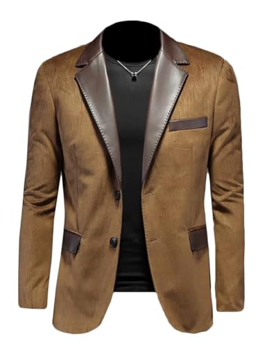 Men's Suede Blazer Jacket with Faux Leather Welding Collar Single Breasted Casual Business Sport Coat