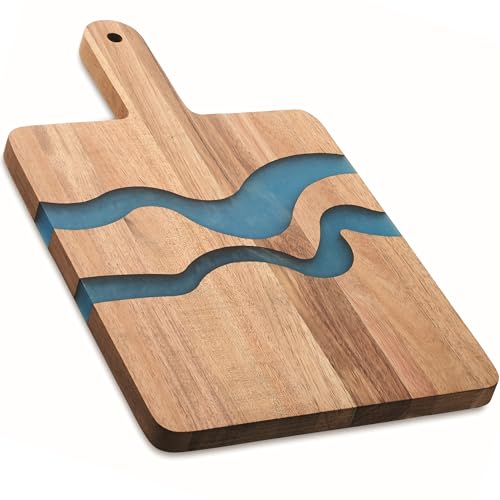 noTrash2003 Grande planche de service en bois d'acacia avec inserts ondulés bleus en résine époxy 39 x 24 cm