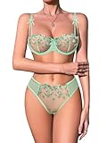 Lilosy Sexy Bows Floral Embroidered Mesh Sheer Underwire Lingerie Set 2 Piece Women Flower Push Up See Through Bra and Panty Light Green Large
