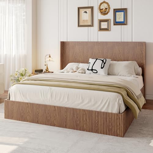 Image of Ball & Cast King Size Lift Up Storage Bed Frame with Wingback Headboard,Wooden Grooved Undulating Platform Bed Frame with Hydraulic Storage,No Box Spring Needed,No Noise,Rustic Brown