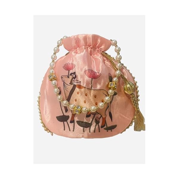 Potli Bag for ladies with Pearl Beaded Handle for Wedding, Gifting & Party Function(Pink colour) | Potli bag for gifting on auspicious function and celebration(Pack of 1) - Image 8