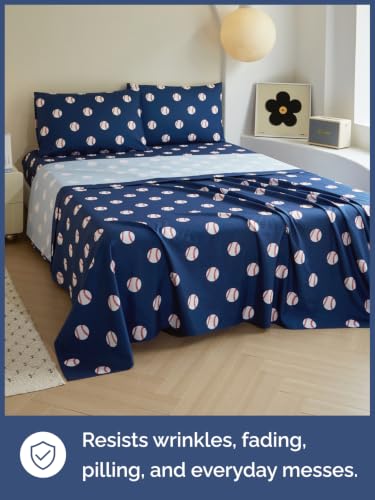 Image of Kids Queen Size Baseball Bed Sheets - 4 Piece Kids Baseball Sheet Set - Sporty Game Day Bedding - Ultra-Soft, Cute & Cozy - Breathable & Machine Washable - Bed Set for Boys, Girls, Teens & Toddlers