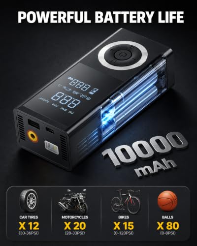 Image of Tire Inflator Portable Air Compressor, 150 PSI Smart Air Pump with Digital Pressure Gauge, LED Light, 12V Car Power Adapter, Storage Box