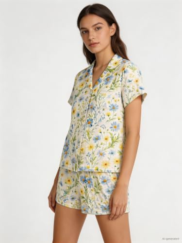 Image of Women's Button Down Pajama Set with Pockets Soft Loungewear S-2XL