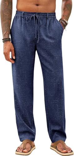 Runcati Pantalones largos para hombre, fáciles de planchar, ligeros, para verano, playa, yoga, con bolsillos, cintura elástica, azul marino, M