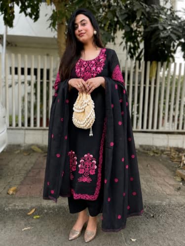 Image of GoSriKi Kurta Sets for Women Viscose Embroidered | Kurta Pant Dupatta Set | Straight Kurti Set for Women | Round Neck 3 /4 Sleeve Ethnic Suit | Designer Indian Kurti Outfit with Pants
