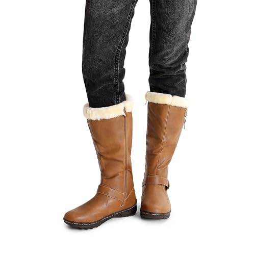 DREAM PAIRS Women's Winter Fully Fur Lined Zipper Closure Snow Knee High Boots,Size 8,Camel/Pu,RABBIT