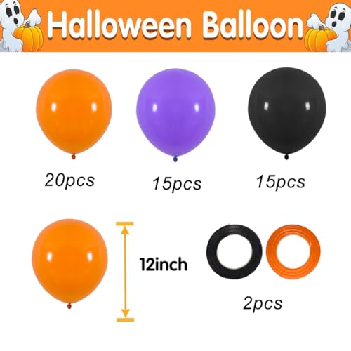 Halloween Party Balloons 12 Inch Black, Orange and Purple Balloons with Black Ribbon for Halloween D
