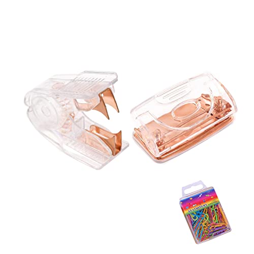 Mini Costume Trois Pièces, Extracteur D'agrafeuse Plastique avec Mâchoire Acier, Perforateur Transparent, 80 Trombones, Accessoire Papeterie Bureau Léger Or Rose pour L'école Bureau L'étude Domicile Cover