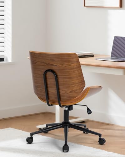 Home Office Chair No Arms,Armless Adjustable Height Small Desk Chair,PU Leather Swivel Computer Chair with Wheels,Mid-Century Modern Walnut Mid Back Chair for Office, Reading Room,Bedroom(Brown)