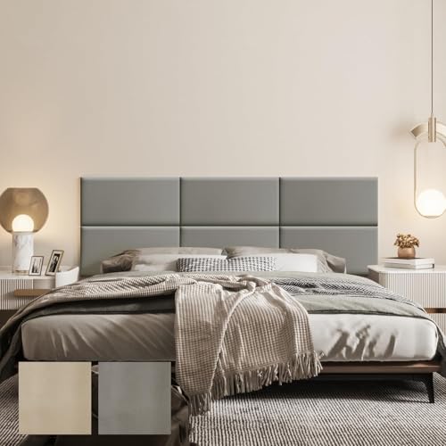 Testiera per letto matrimoniale, in finta pelle, impermeabile, pannello da parete 3D 3D (confezione da 6), grigio scuro (6, grigio, 60 x 30 cm)