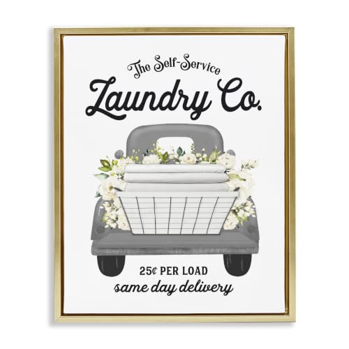 'Antique Laundry Service Truck White Floral'| Floating Frame Canvas Art