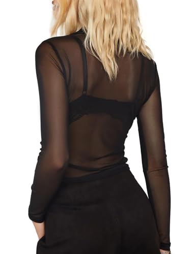ZANZEA Women's Sexy Mesh Shirt Sheer Button Up Blouse See Through Long Sleeve Crop Top4