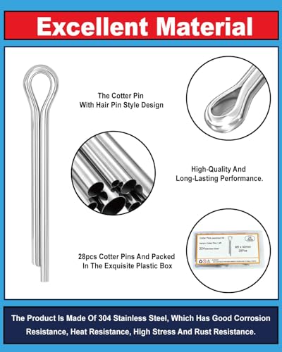 Image of 3 /16 inch x 1-1 /2 inch (M5 x 40mm) Cotter Pins, 304 Stainless Split Pins - 28 Pcs | Hardware fasteners for automotive, tractor & lawn mower. 304 marine grade stainless steel retaining pins for securing.