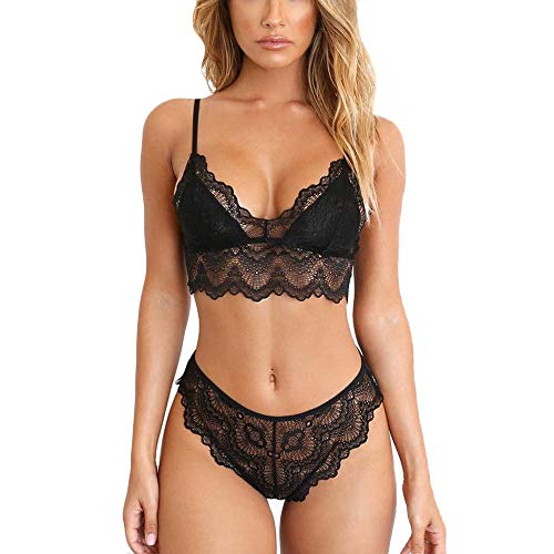 MEIbax Mujer Sexy Ropa de Dormir de Encaje Ropa Interior Tallas Grandes 2*Piezas Conjunto de Lencería Pijama Picardías Floral Babydoll Encaje Cruz de Vendaje Hollow out Underwear Set Conjuntos