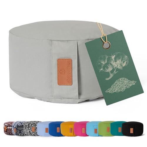 Cuscino da yoga »Vishnu« chiusura a cordoncino & pula di farro bio/alt. 15cm e 30cm diametro - ideale come cuscino yoga/cuscino zafu/cuscino meditazione/supporto meditazione.100% cotone-grigio topo