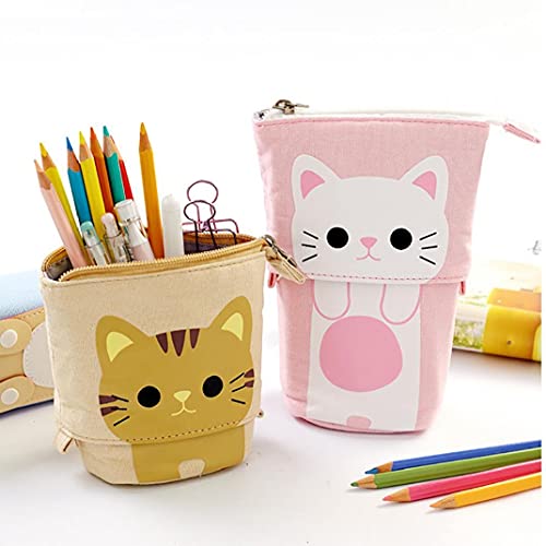 Kacniohen Plumier, Porte-Toile, Crayon Stylo Cas Mignon Chat de Bande dessinée Fermeture éclair Ouverte Stationery Cas Déroulez rétractable pour Filles/garçons école étudiants Adultes Bureau, Brown Cover