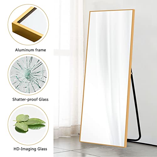 Image of NeuType 43 inchx16 inch Full Length Mirror with Standing Holder Aluminum Alloy Frame Floor Mirror Wall-Mounted Mirror for Living Room, Bedroom, Hanging or Leaning Against Wall, Golden (with Stand)